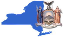 Image of new york with the state seal next to it