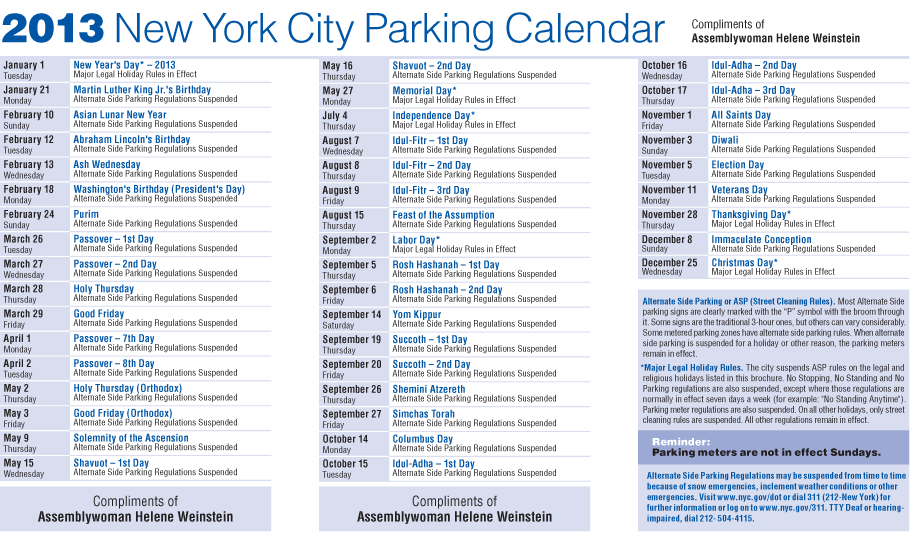 2013 New York City Parking Calendar Community Office Gets Results