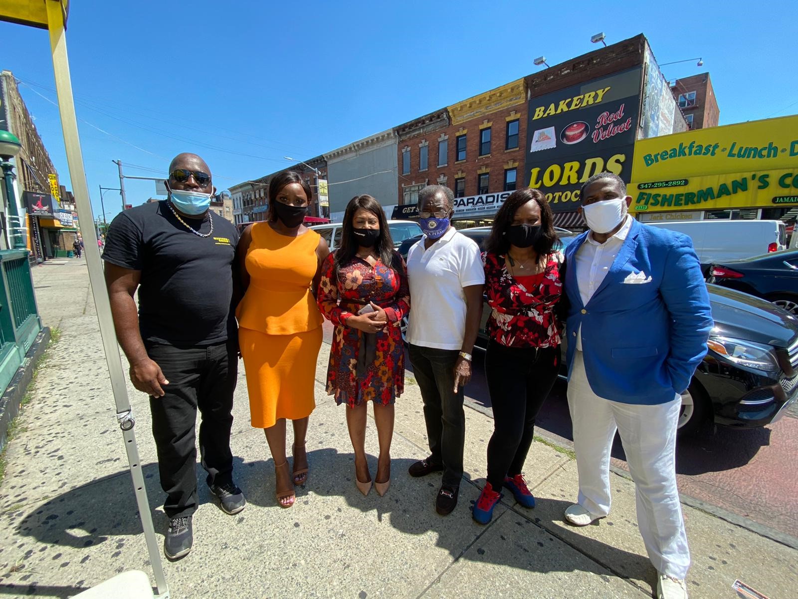 Assemblymember Bichotte, Senator Kevin Parker, Assemblymember Nick Perry, Council Member Farah N. Louis and others at a BYOB Hand Sanitizer Refill at the GROWNYC Farmstand on Flatbush Junction on July 18, 2020.