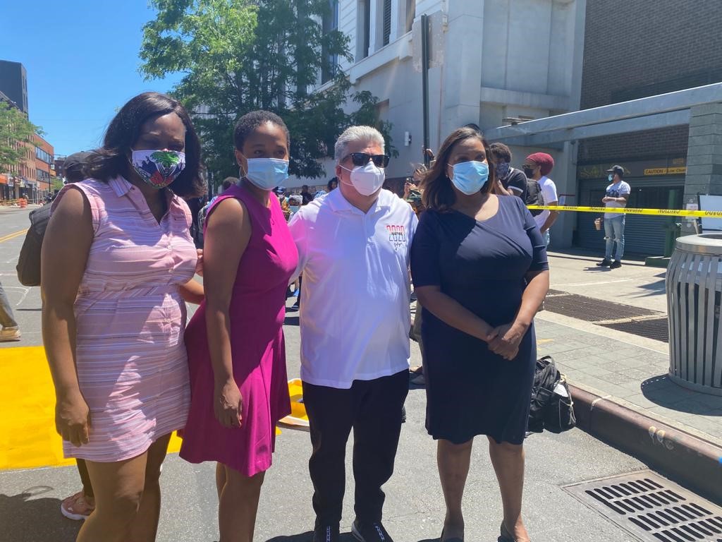 Assemblymember Bichotte, Assemblymember Tremaine Wright, Brooklyn District Attorney Eric Gonzalez, and New State Attorney General Letitia James at a street painting event on 6/13/2020.