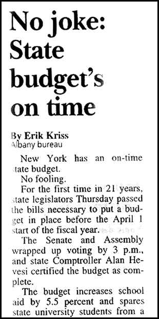 'No Joke: State budget's on time' News Article