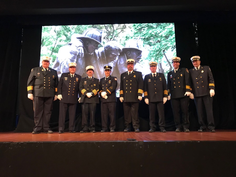 Assemblyman Joe DeStefano (R,C,I,Ref-Medford) pictured at the Fallen Firefighter Memorial Service with NYS Association of Fire Chief President Rob Parisi and officers on October 8 in Albany, NY.