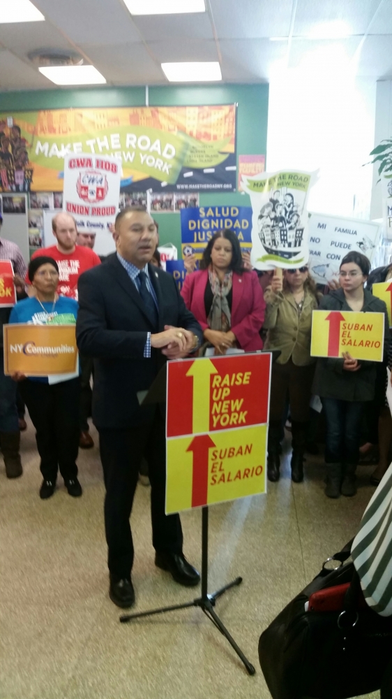 Assemblyman Ramos joins Make the Road New York at a press conference calling for a raise in the state's minimum wage – with a higher rate for high cost of living areas such as Suffolk county.