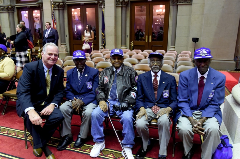 Assemblyman Michael Fitzpatrick (R,C,I-Smithtown) welcomed Tuskegee Airmen (L to R) Audley Coulthurst, William J. Johnson, Wilford R. DeFour and Herbert C. Thorpe to the chamber on June 16 as they wer