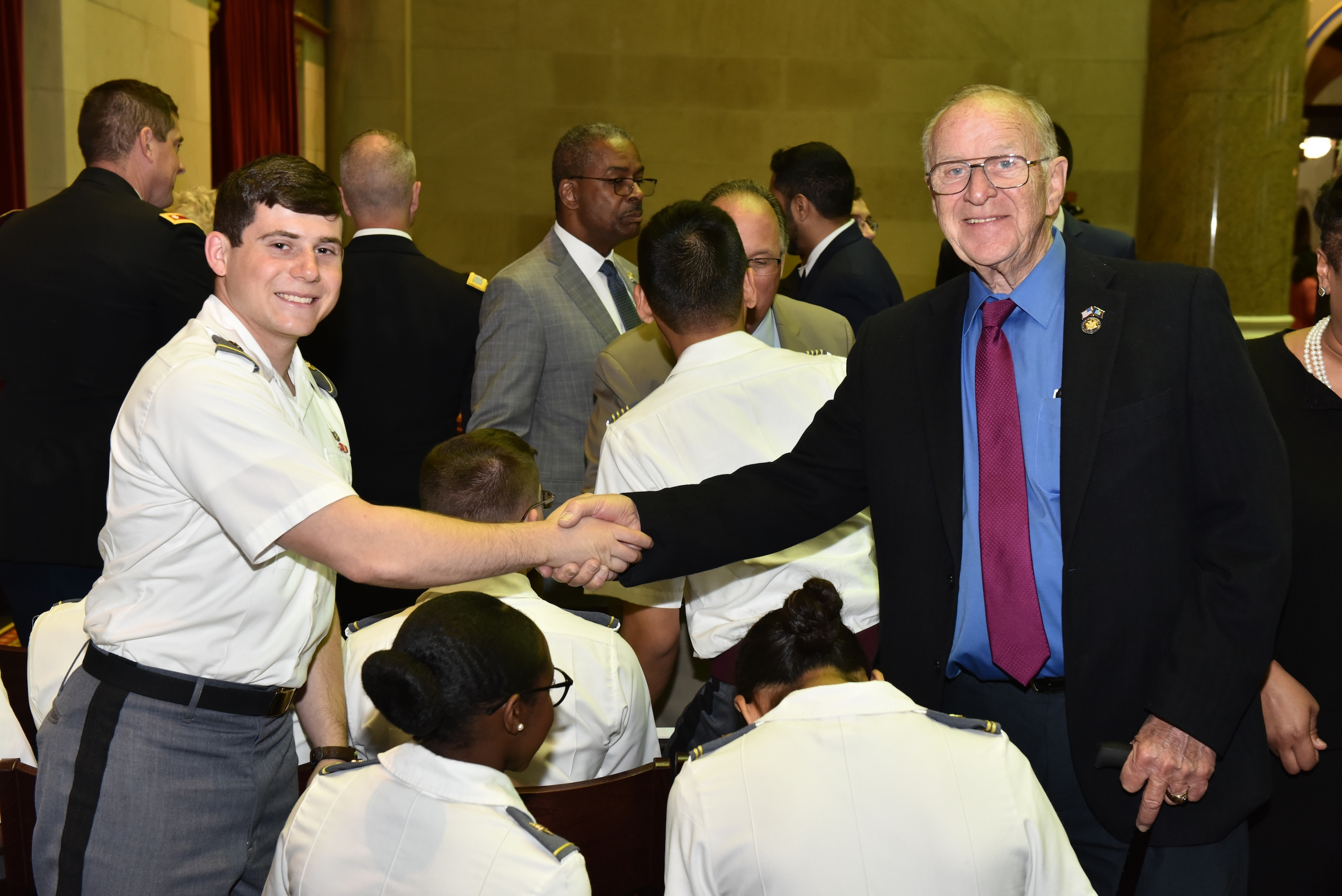 Assemblyman Dave McDonough (R,C,I-Merrick) welcomes West Point Cadet and constituent Matthew Montera to the Assembly Chamber Wednesday, May 1.