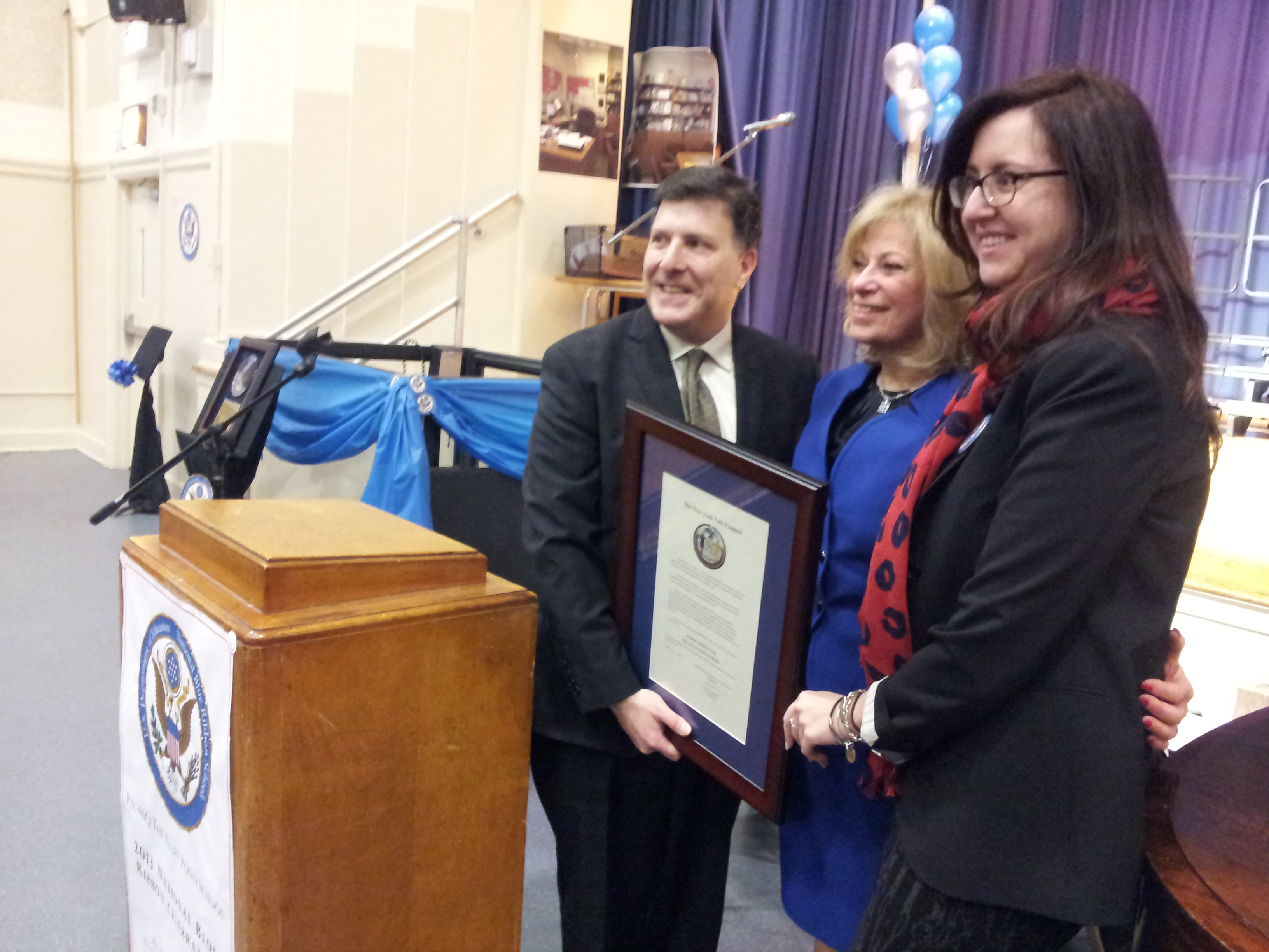 Assemblywoman Nily Rozic and Council Member Mark Weprin congratulated Principal Marsha Goldberg and P.S. 46 in Oakland Gardens for receiving the Blue Ribbon Award.