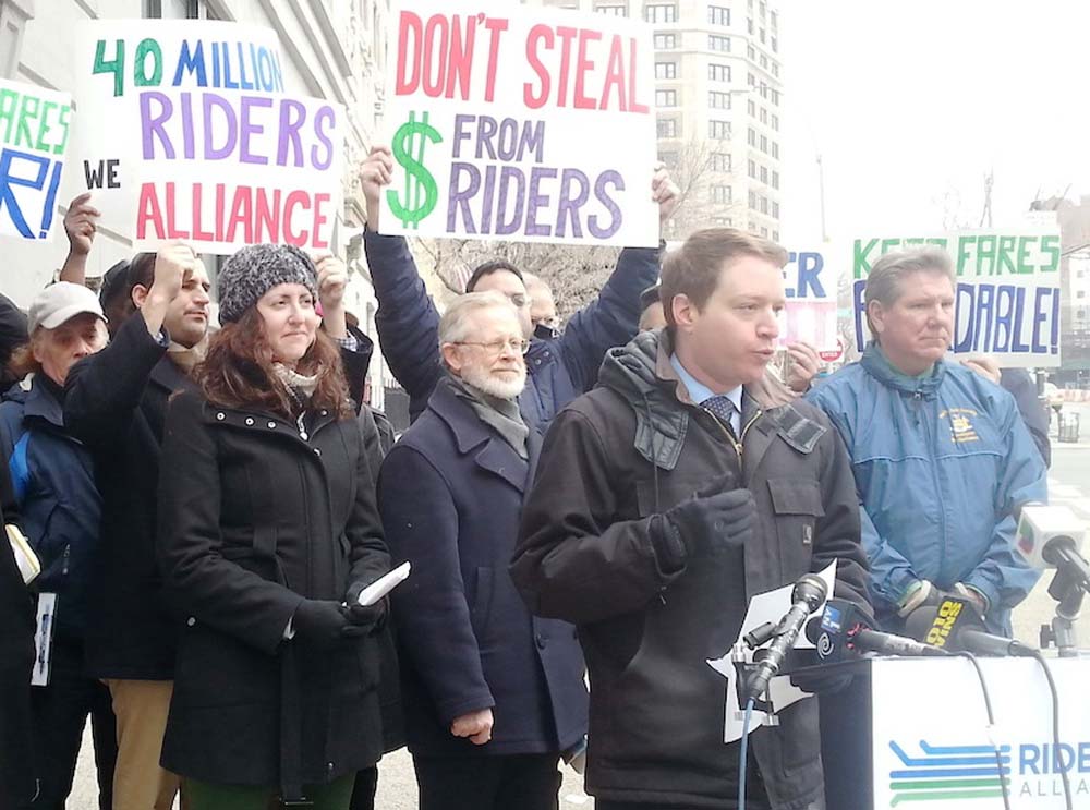 Assemblywoman Nily Rozic joined Riders Alliance and transit advocates to call on the MTA to invest a $40 million unexpected surplus in restoring and expanding transit service.