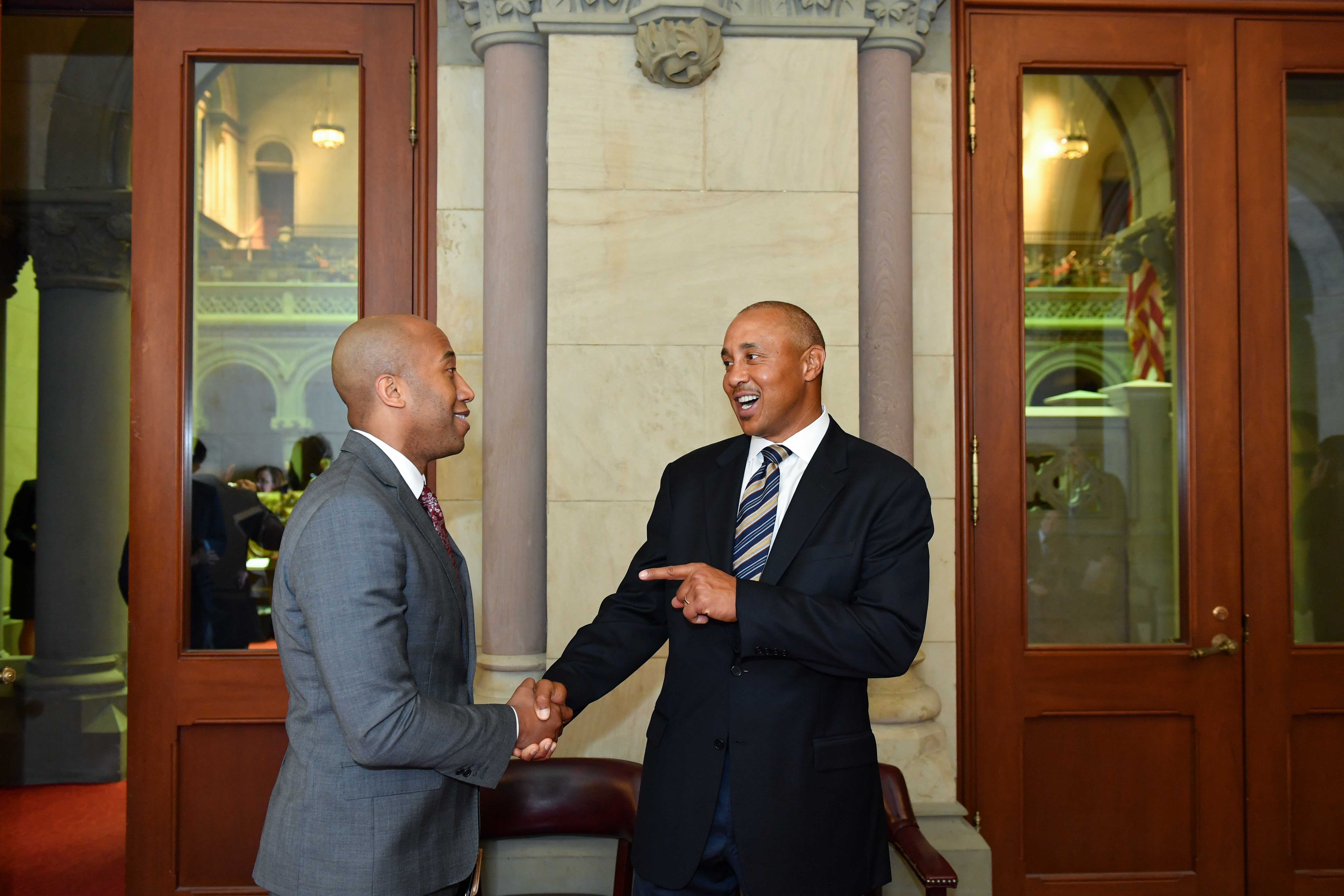 Assembly member Vanel (left) meeting with Former NBA basketball player John Starks