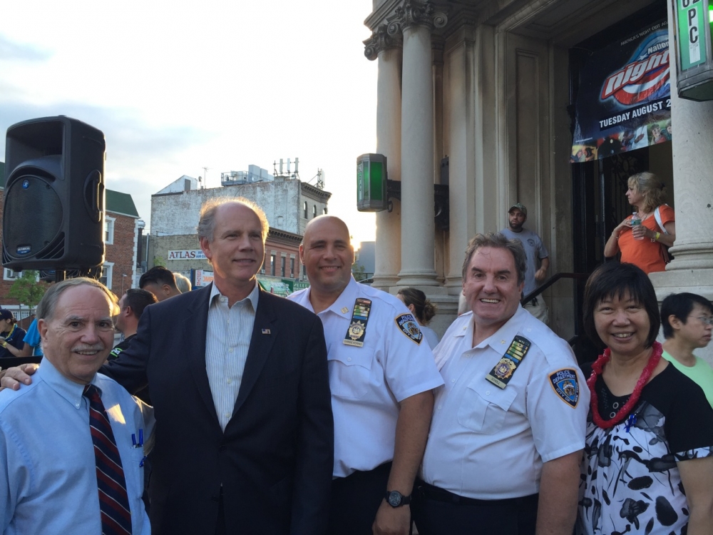Assemblymember William Colton with Congressman Daniel Donovan, Community Leader Nancy Tong and 62nd Precinct Captain Anthony Sanserverino and Chief Chales School at 62nd Pct. Nite Out Against Crime in