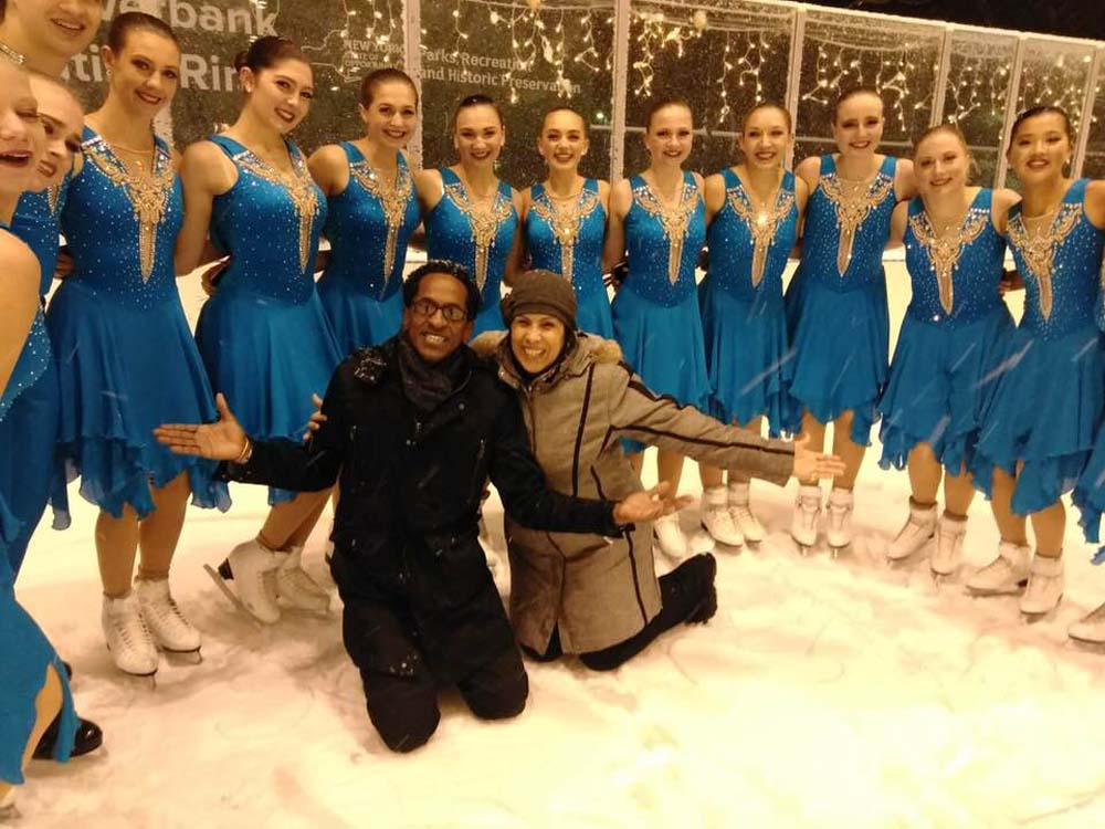 Assembly Member Al Taylor enjoys a lighthearted moment during the annual opening of the ice rink at Denny Farrell Riverbank State Park in the company of many professional and amateur figure skaters wh