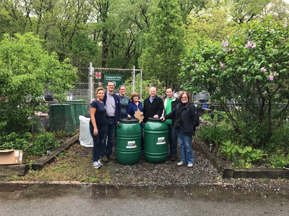 Assemblyman Dinowitz at the Rain Barrel Giveaway hosted by Community Board 8 at Van Cortlandt Park on Friday May 4th. Pictured left to right are DEP Rep. Effie Ardizone, Council Member Andrew Cohen, F