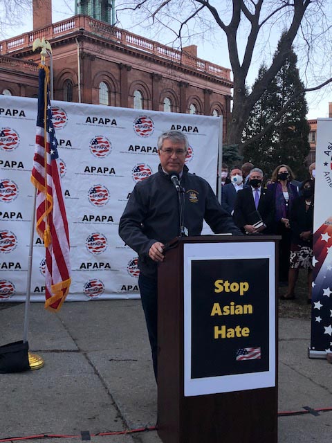 Assemblymember Phil Steck speaking at a Stop Asian Hate rally in Albany.