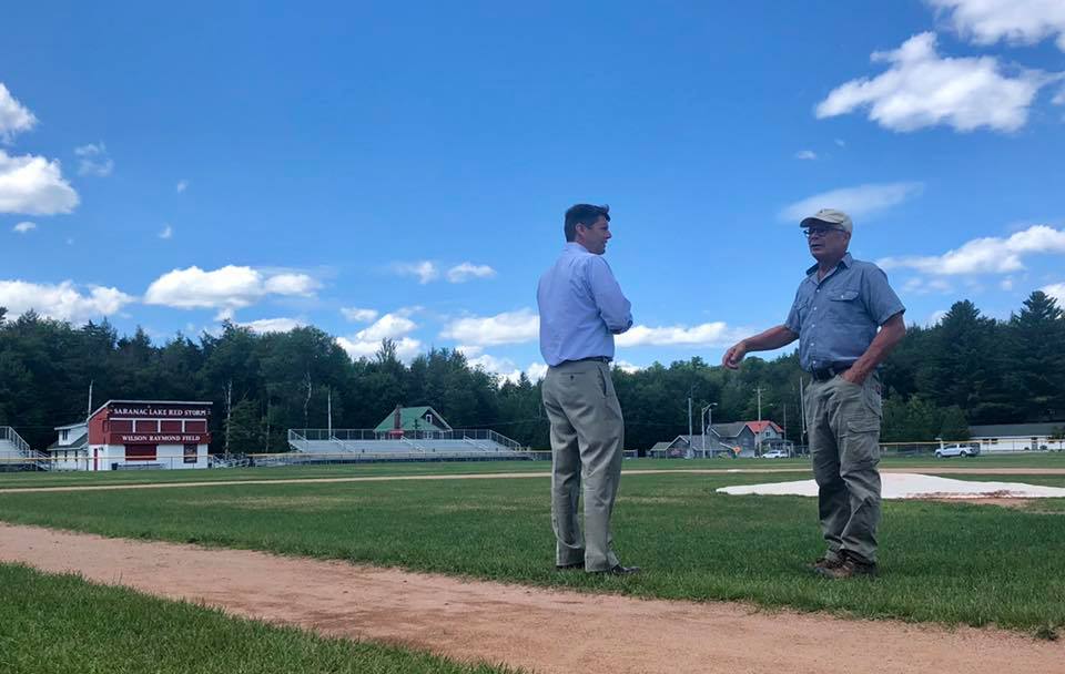 Assemblyman Billy Jones toured the Wilson Raymond Field with Saranac Lake Mayor Clyde Rabideau to discuss improvements to the town’s recreational facilities as part of his 2019 Infrastructure Tou