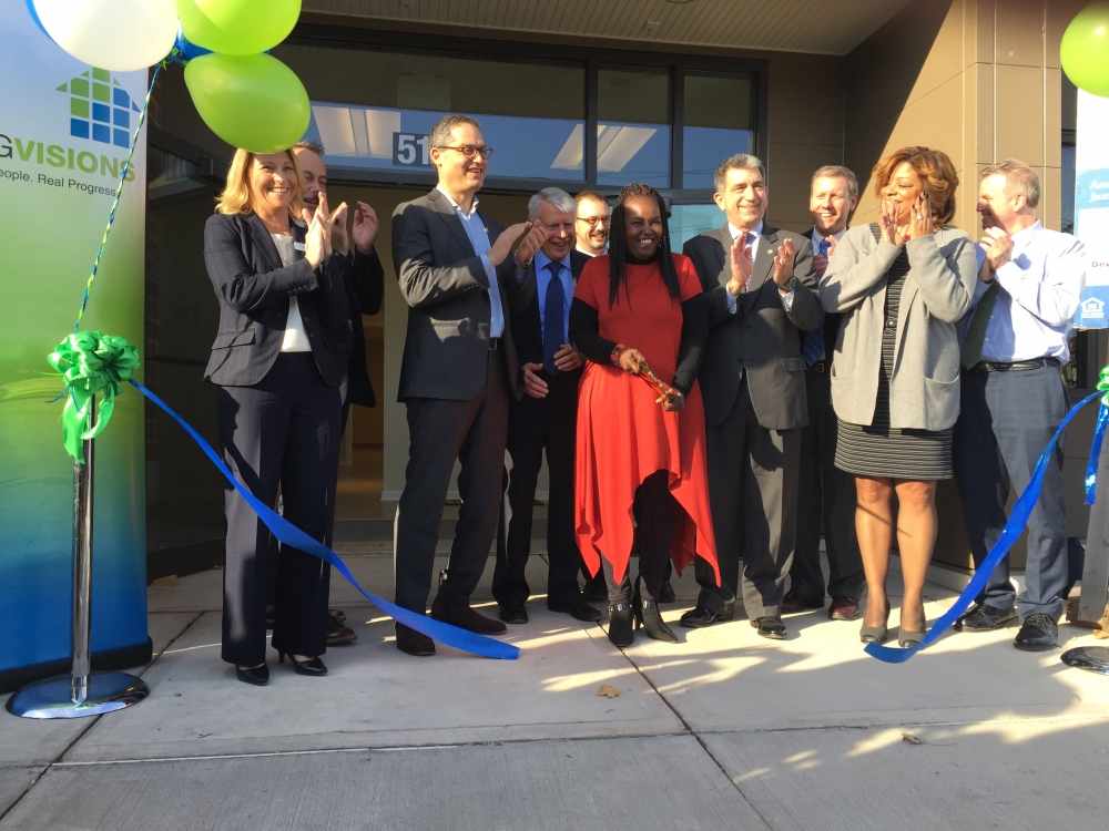 Assemblyman Magnarelli helped to cut the ribbon at the grand opening of the Salina Crossing, a $14.8 million neighborhood revitalization project, built by Housing Visions, on the northside of the City