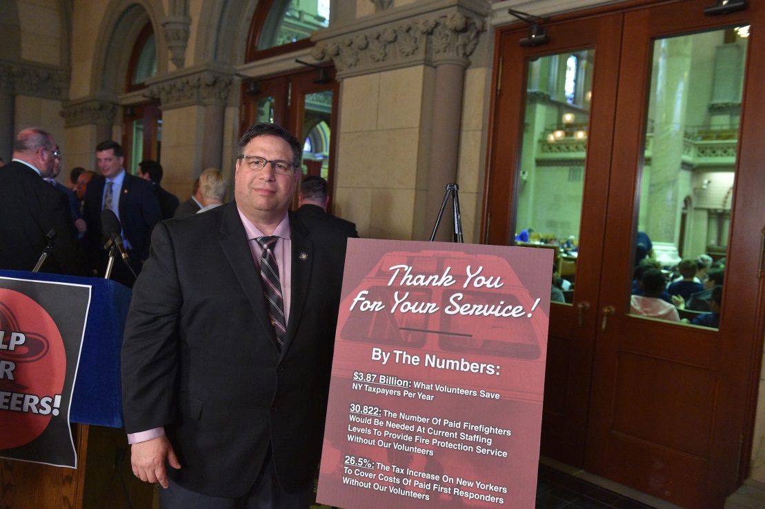 Assemblyman Brian Manktelow (R,C,I,Ref-Lyons) attended a press conference on Monday, May 20, 2019 for the unveiling of legislation to give a state income tax exemption to volunteer firefighters and EM