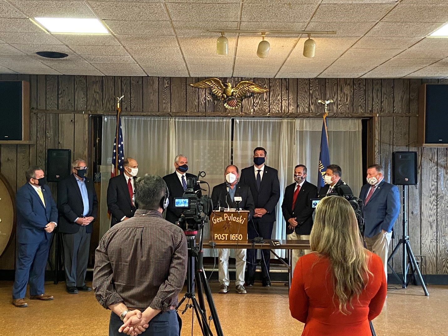 Assemblyman Steve Hawley (R,C,I-Batavia) (center) joins veterans and his Assembly Minority Colleagues who have also served in the military to urge for a focus on passing legislation to help veterans.