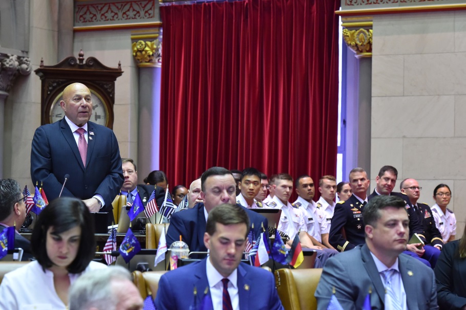 Assemblyman Angelo J. Morinello (R,C,I-Ref-Niagara Falls) speaking in the Assembly Chambers about ‘West Point Day’ on Wednesday, May 1.