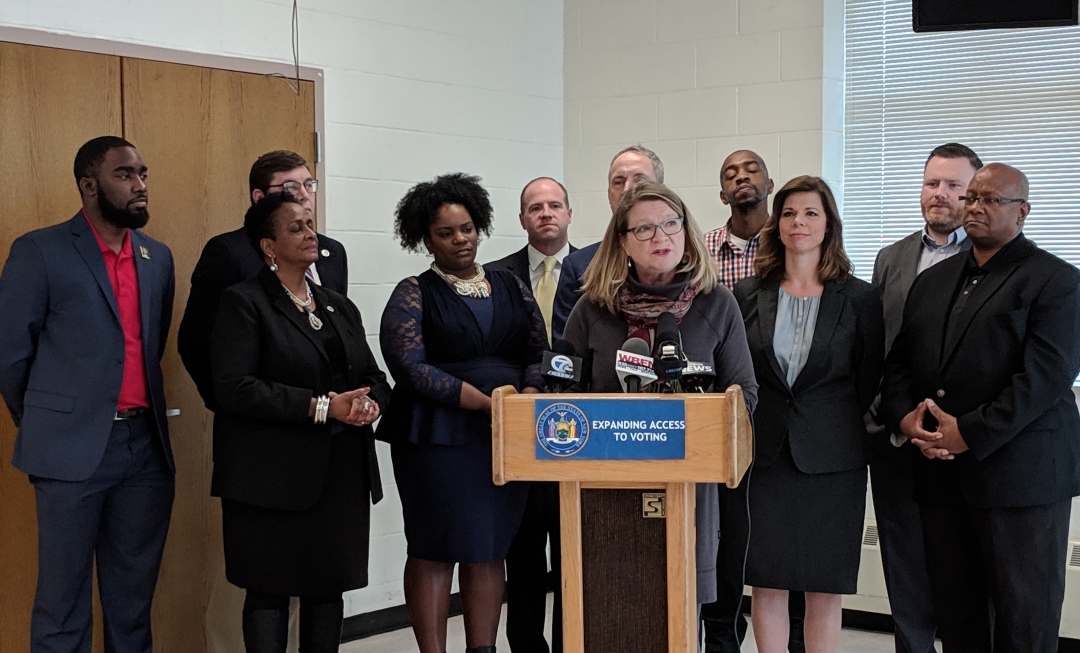Assemblymember Karen McMahon was joined by members of the Buffalo delegation to discuss recently passed measures that will make it easier to vote, ensuring every New Yorker has a fair chance to make t