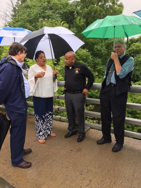 Pictured with Speaker Heastie in the first photo at Onondaga Creek (left to right): Assemblymember Pamela Hunter and Dewitt Town Supervisor Ed Michalenko.