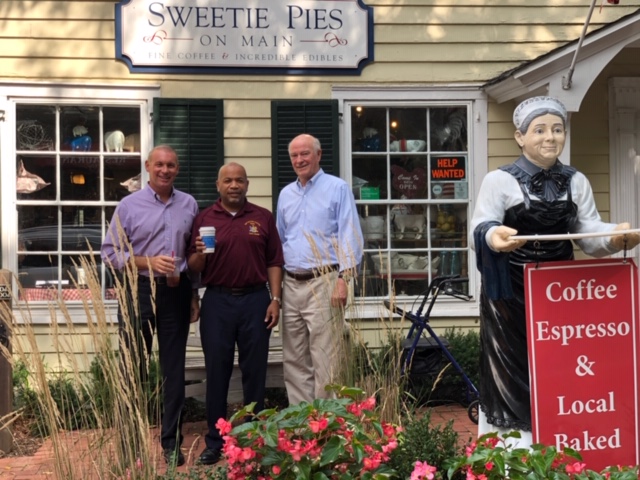 Pictured with Speaker Heastie in the first photo at Sweetie Pies on Main is (from left to right): Assemblymember Steve Stern and Sweetie Pies on Main owner and Cold Spring Harbor Main Street Association President Tom Hogan.
