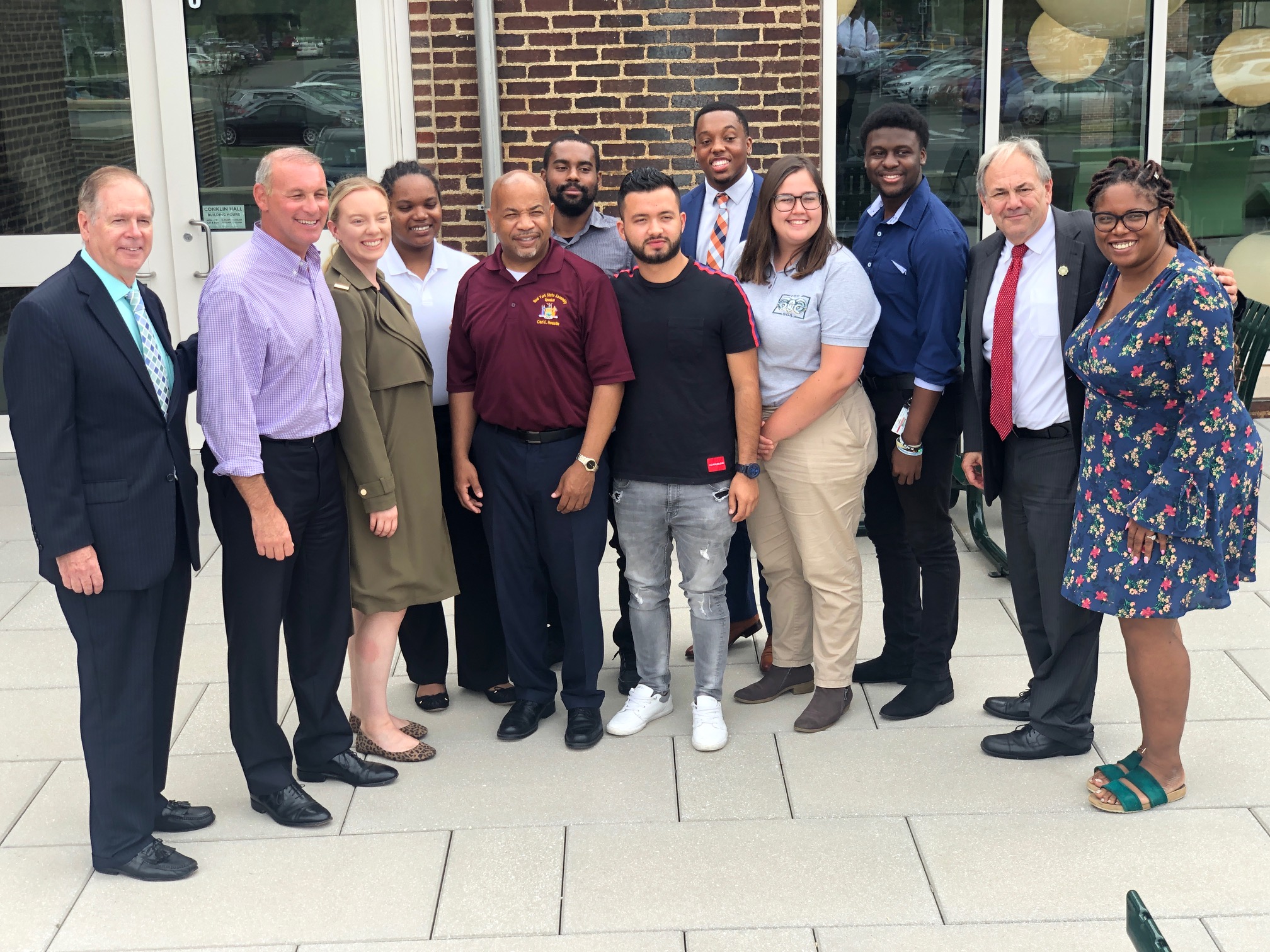 Pictured with Speaker Heastie in the third photo at Farmingdale State College is (from left to right): Farmingdale State College Vice President for Institutional Advancement Patrick Calabria, Assemblymember Steve Stern, members of the Student Senate, Farm