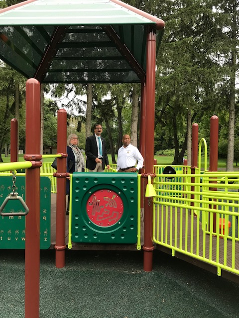 Pictured in the first photo at Suggett Park with Speaker Heastie is (from left to right): Assemblymember Barbara Lifton and Cortland Mayor Brian Tobin.