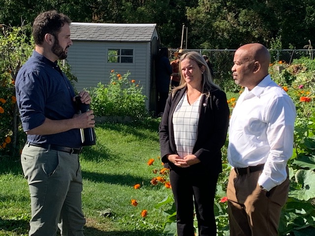 Pictured in the first photo with Speaker Heastie at the Lexington Avenue Farm is (from left to right) Foodlink Chief Program Officer and City Councilman Mitch Gruber and Assemblymember Sarah Clark