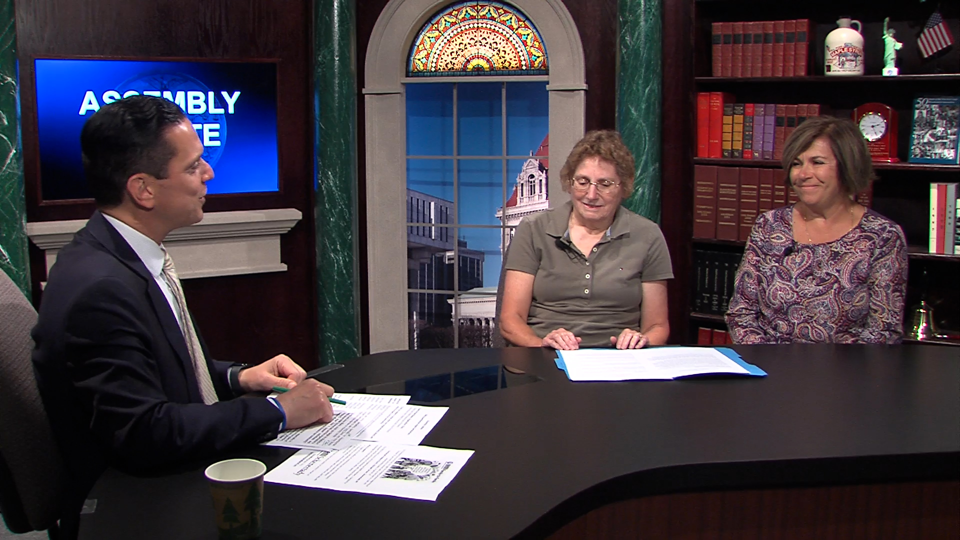 Assemblyman Santabarbara speaks with Cindy Sood, President and Anne Marie Heim, Vice President, National Alliance on Mental Illness (NAMI).