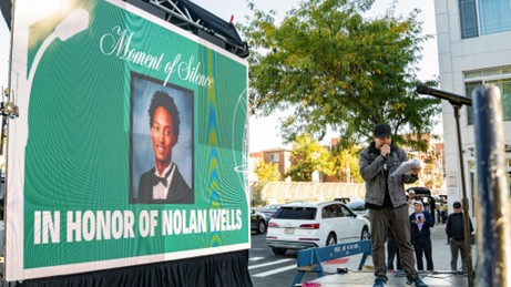 Emcee Jason Hortillas leads moment of silence and call for justice for Nolan Wells. Photo: Kielan Santos.